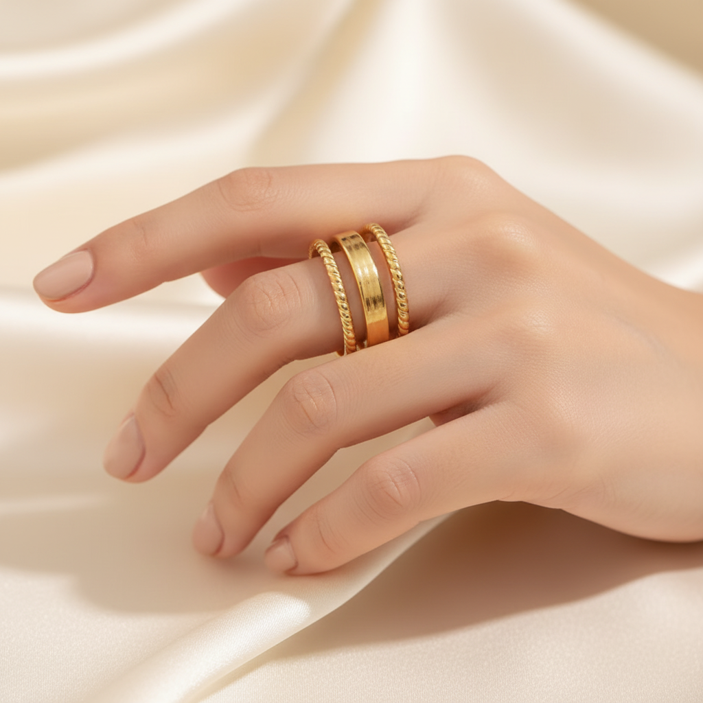 Gold Wide Cuff Layered Rope & Smooth Band Open Ring - worn on finger lifestyle shot