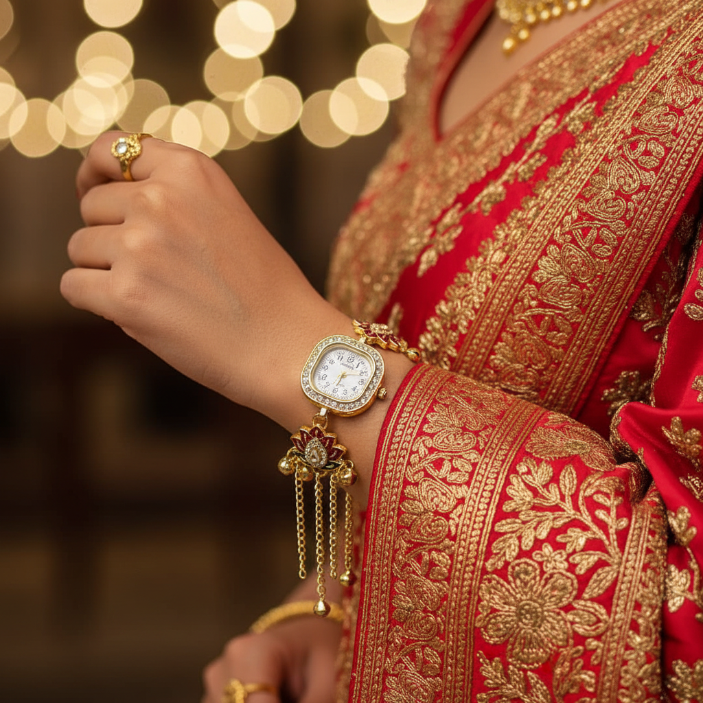 Pearl Lotus Watch Bracelet for Women | Ethnic Bracelet Watch with Lotus Charm