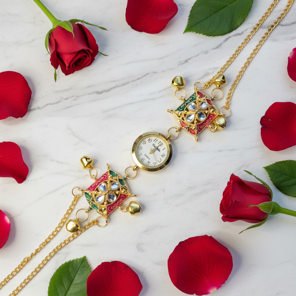 Multicolour Meenakari Star Charm Bracelet Watch - White Marble Editorial Flat Lay