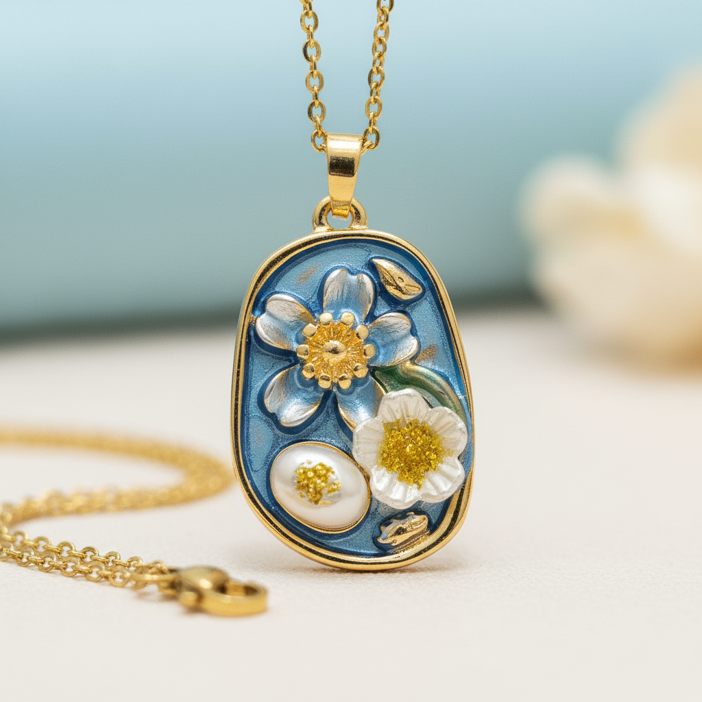 Gold Blue Enamel Floral Pendant Necklace - White Flower & Gold Centre