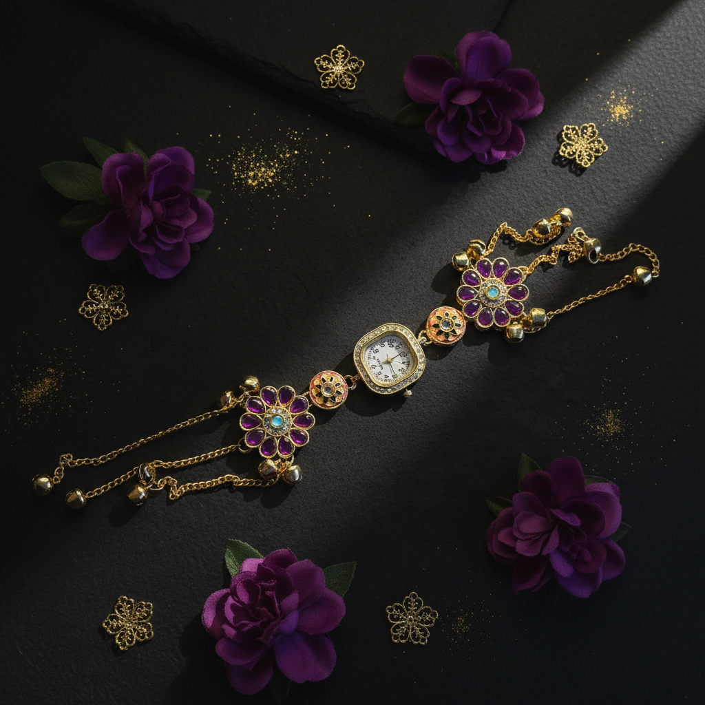 Purple Floral Charm Bracelet Watch – dark moody flat lay