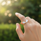 Gold white enamel angel wings open cuff ring worn on finger with soft garden bokeh