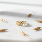 Gold Wheat Leaf Branch Adjustable Ring - Open Band Botanical Ring