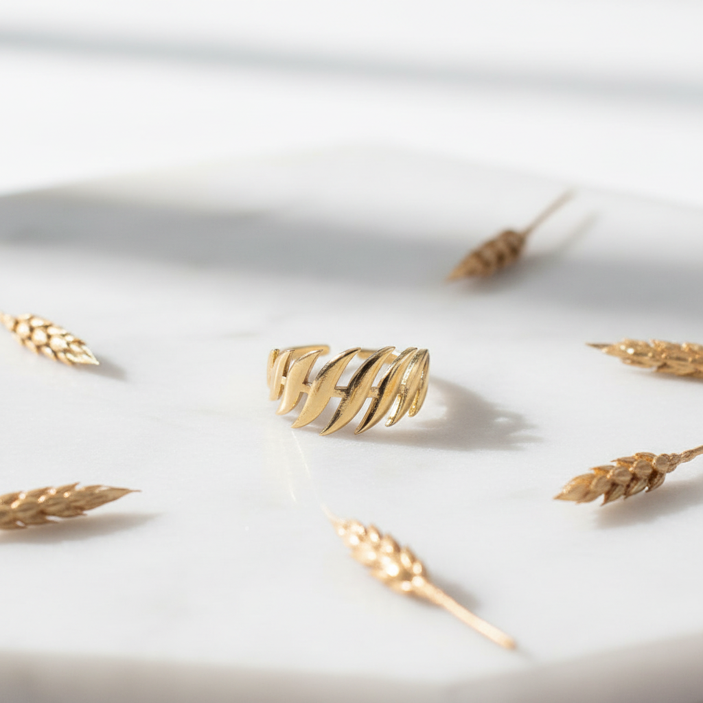 Gold Wheat Leaf Branch Adjustable Ring - Open Band Botanical Ring