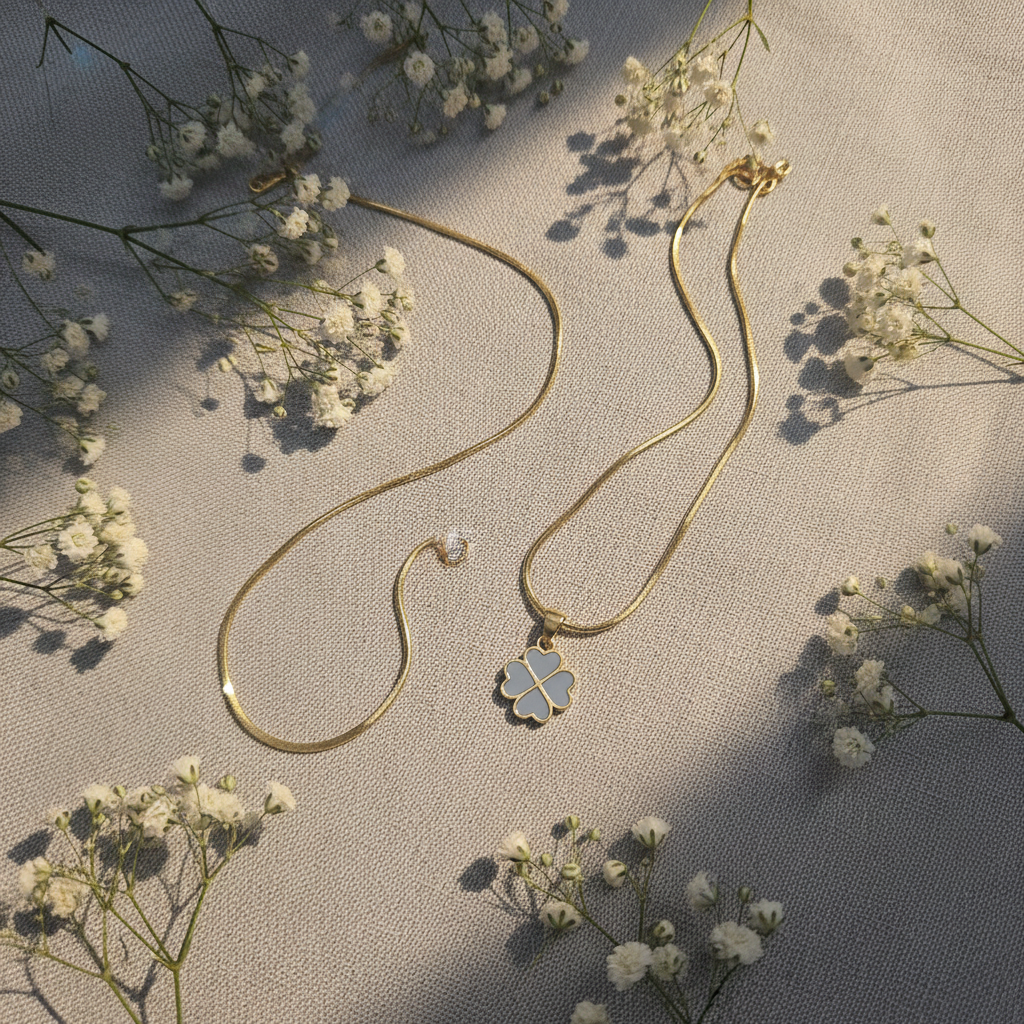 Grey Blue Enamel 4-Leaf Clover Pendant Necklace | Anti-Tarnish Gold Snake Chain