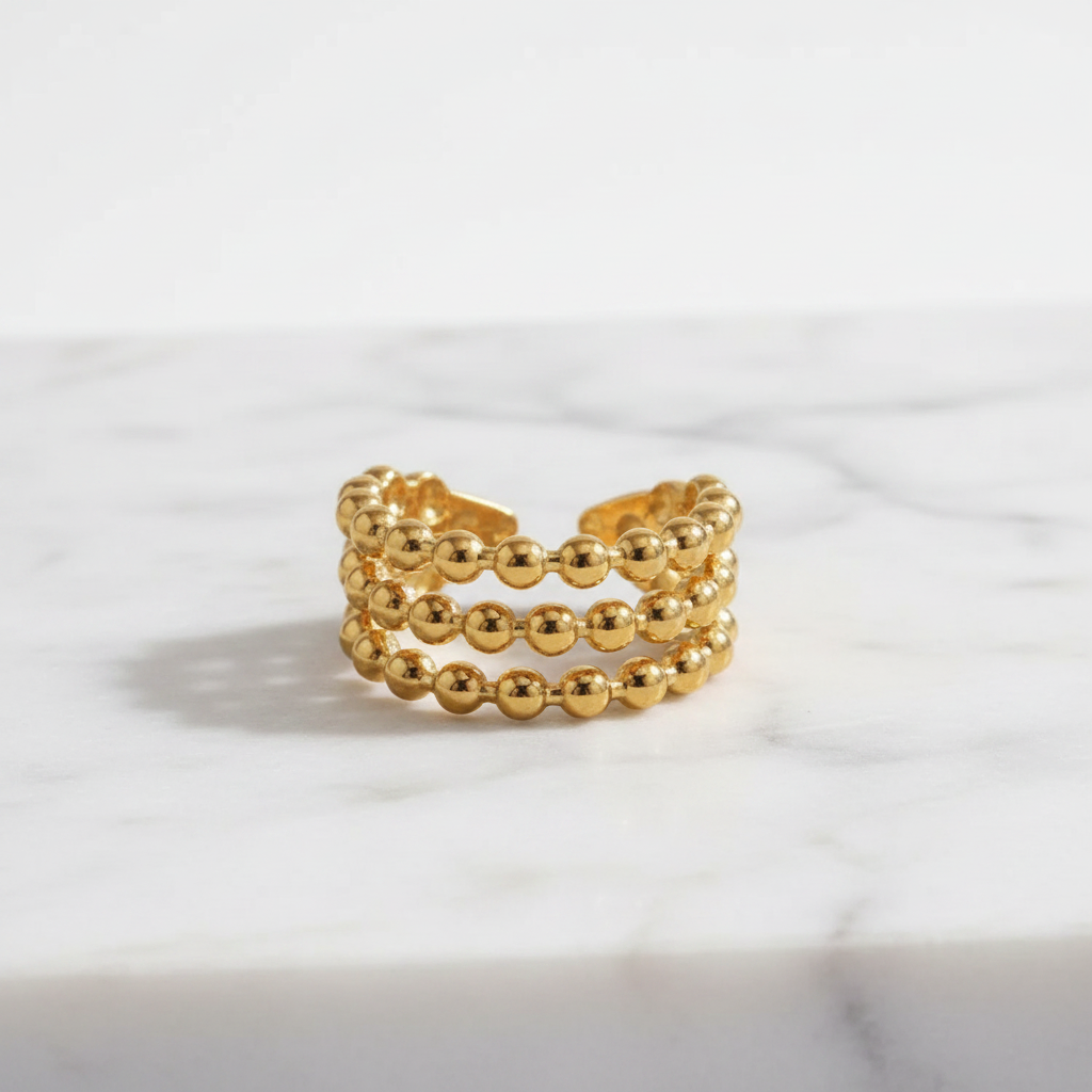 Gold Triple Row Beaded Wide Cuff Open Ring - white marble product shot