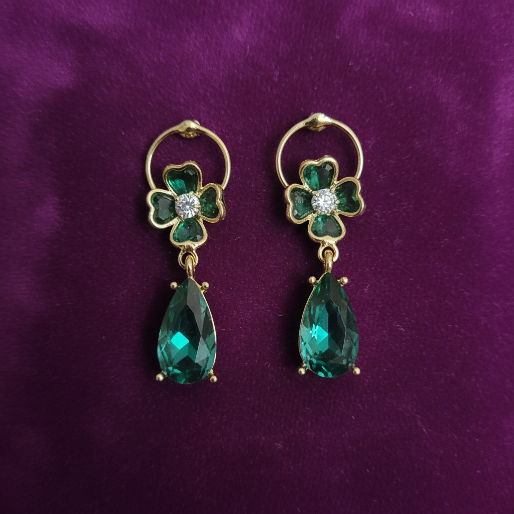 Emerald Green Zircon Teardrop Drop Earrings | Floral CZ Gold