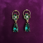 Emerald Green Zircon Teardrop Drop Earrings | Floral CZ Gold