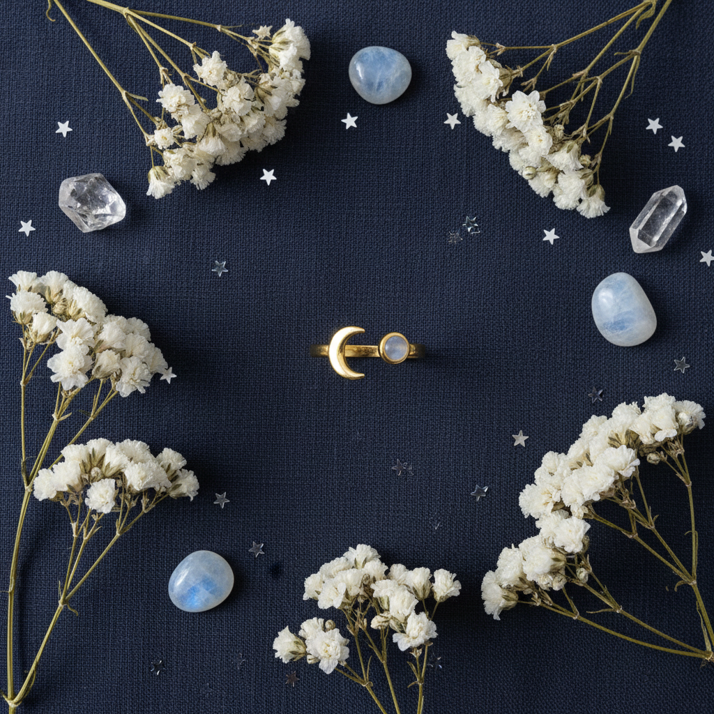 Gold moon and moonstone ring flat lay with crystals and star confetti on navy linen