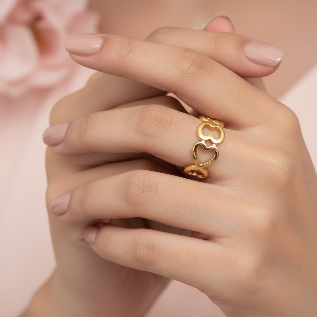 Gold Interlocking Hearts Chain Adjustable Ring - Bold Romantic Band Ring