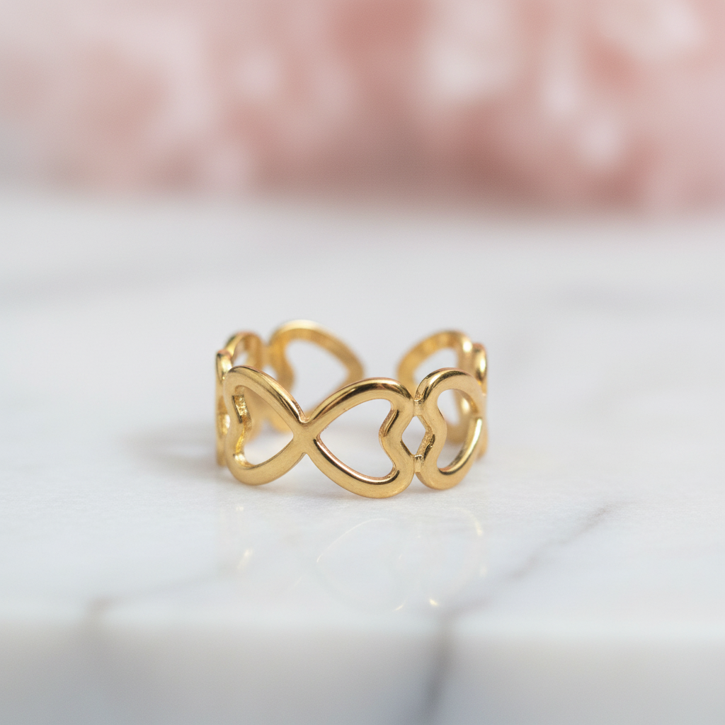 Gold Interlocking Hearts Chain Adjustable Ring - Bold Romantic Band Ring