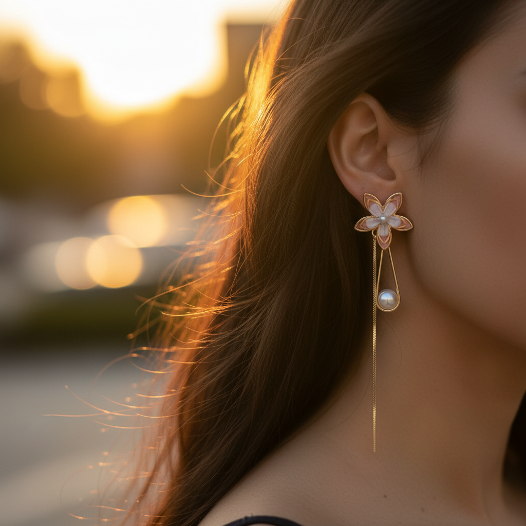 Gold Pink Flower Pearl Drop Earrings