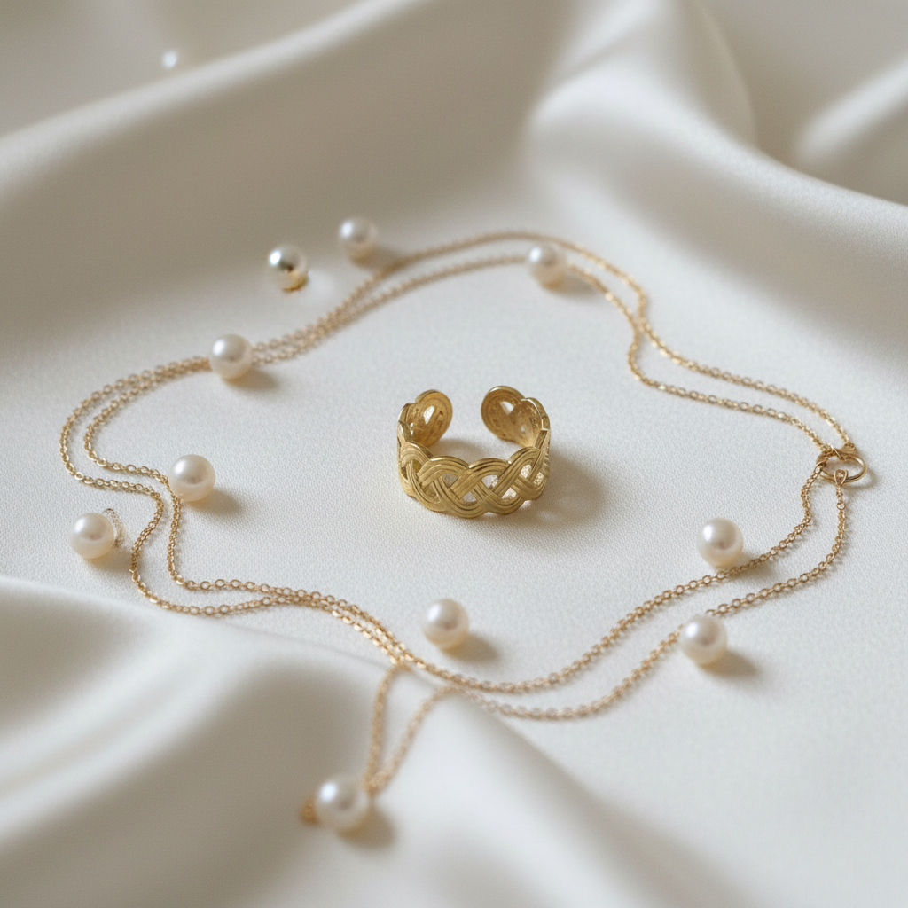 Gold infinity knot weave open cuff ring on ivory silk with pearls and gold chain
