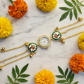 Round Meenakari Bracelet Watch - Marble with Marigold Flowers