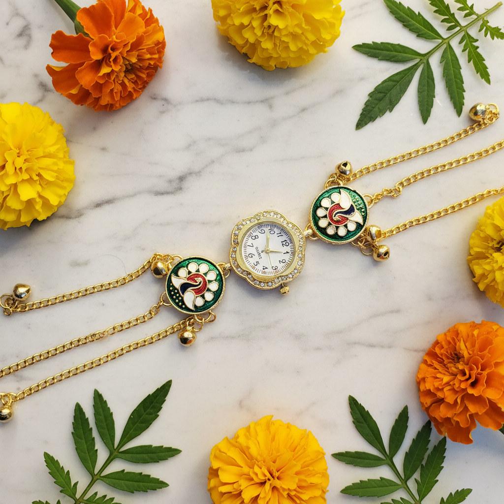 Round Meenakari Bracelet Watch - Marble with Marigold Flowers