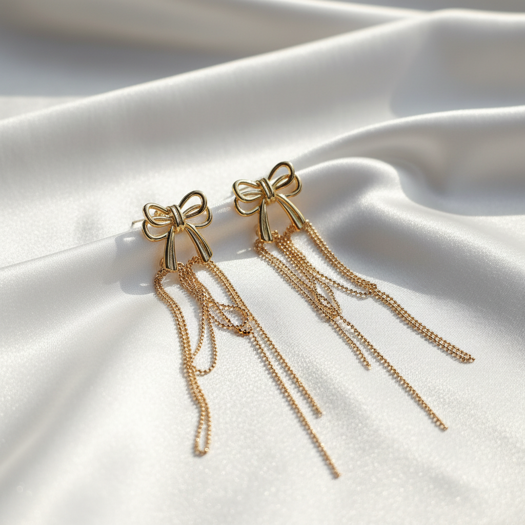 Gold Delicate Bow Chain Earrings