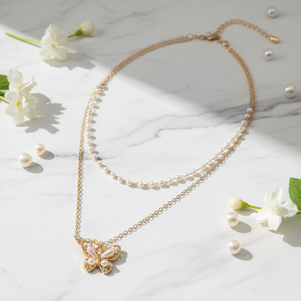 Gold Double Layer Pearl & Butterfly Necklace - Pearl Beaded Chain & Filigree Pendant