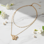 Gold Double Layer Pearl & Butterfly Necklace - Pearl Beaded Chain & Filigree Pendant