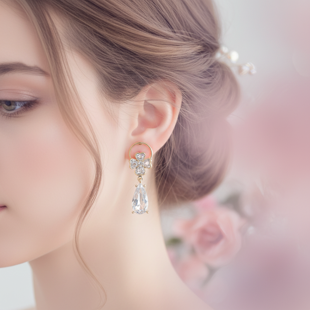 Crystal Zircon Teardrop Drop Earrings | Floral CZ Gold