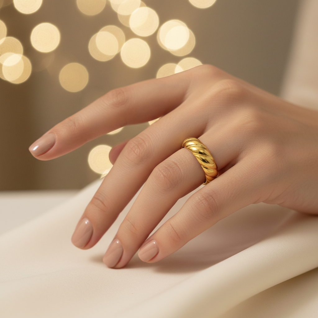 Gold twisted croissant open band ring worn on woman's finger