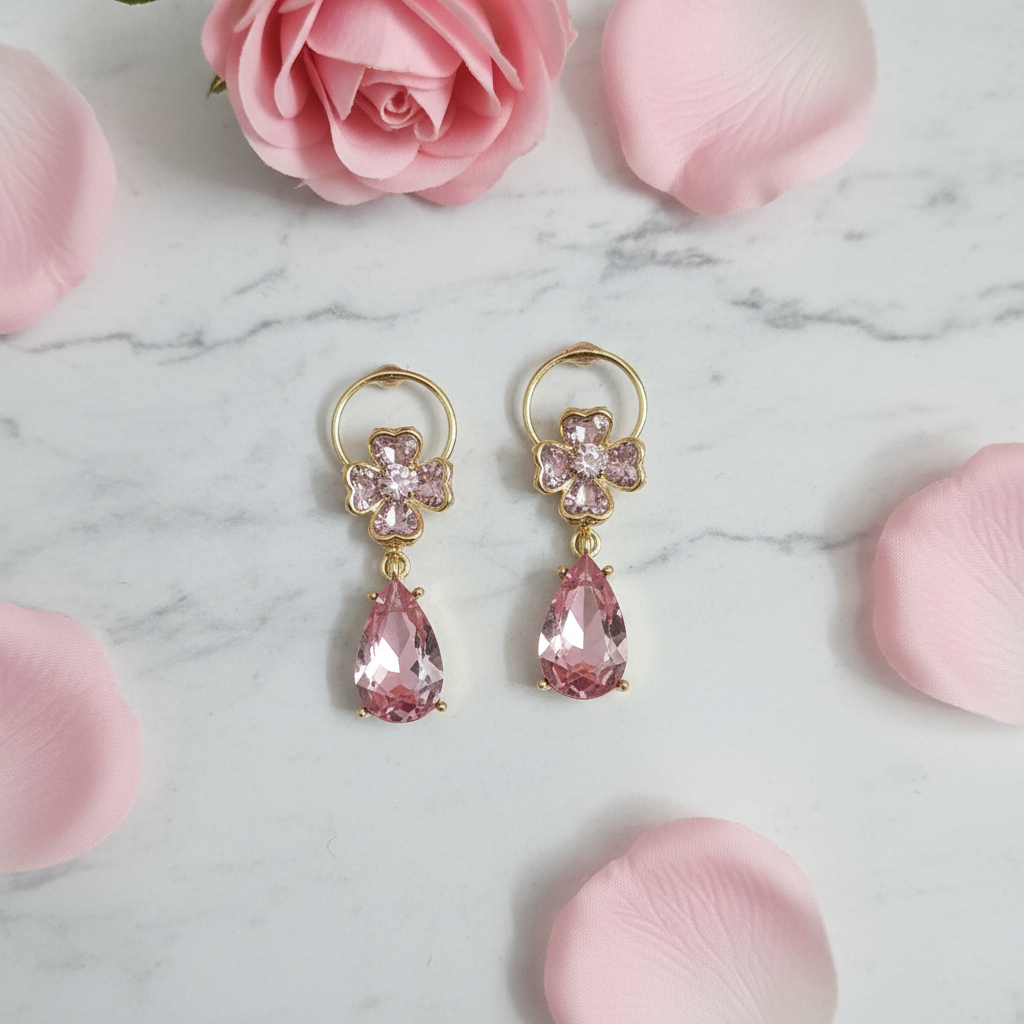 Blush Pink Zircon Teardrop Drop Earrings | Floral CZ Gold