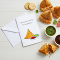Greeting Card lifestyle photo with samosas and Indian snacks