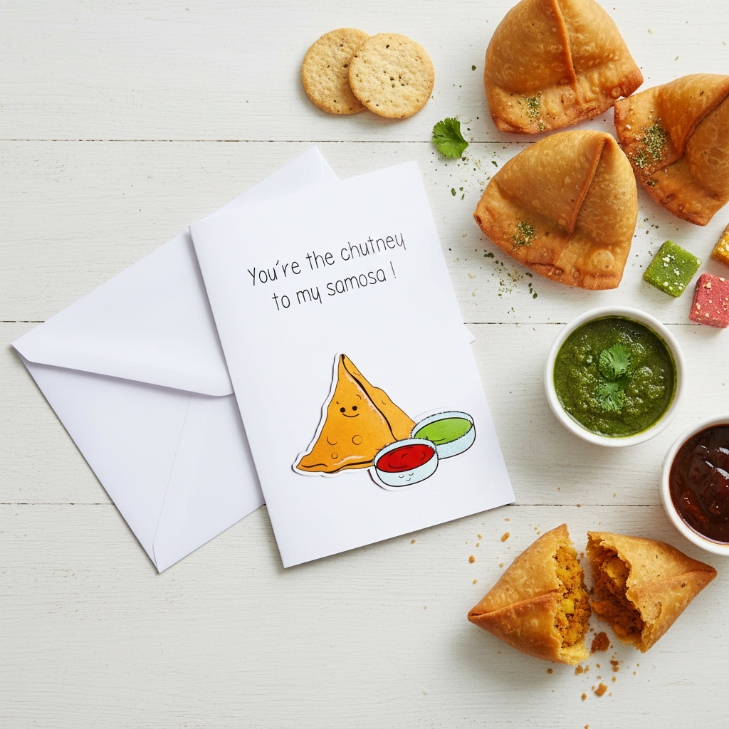 Greeting Card lifestyle photo with samosas and Indian snacks