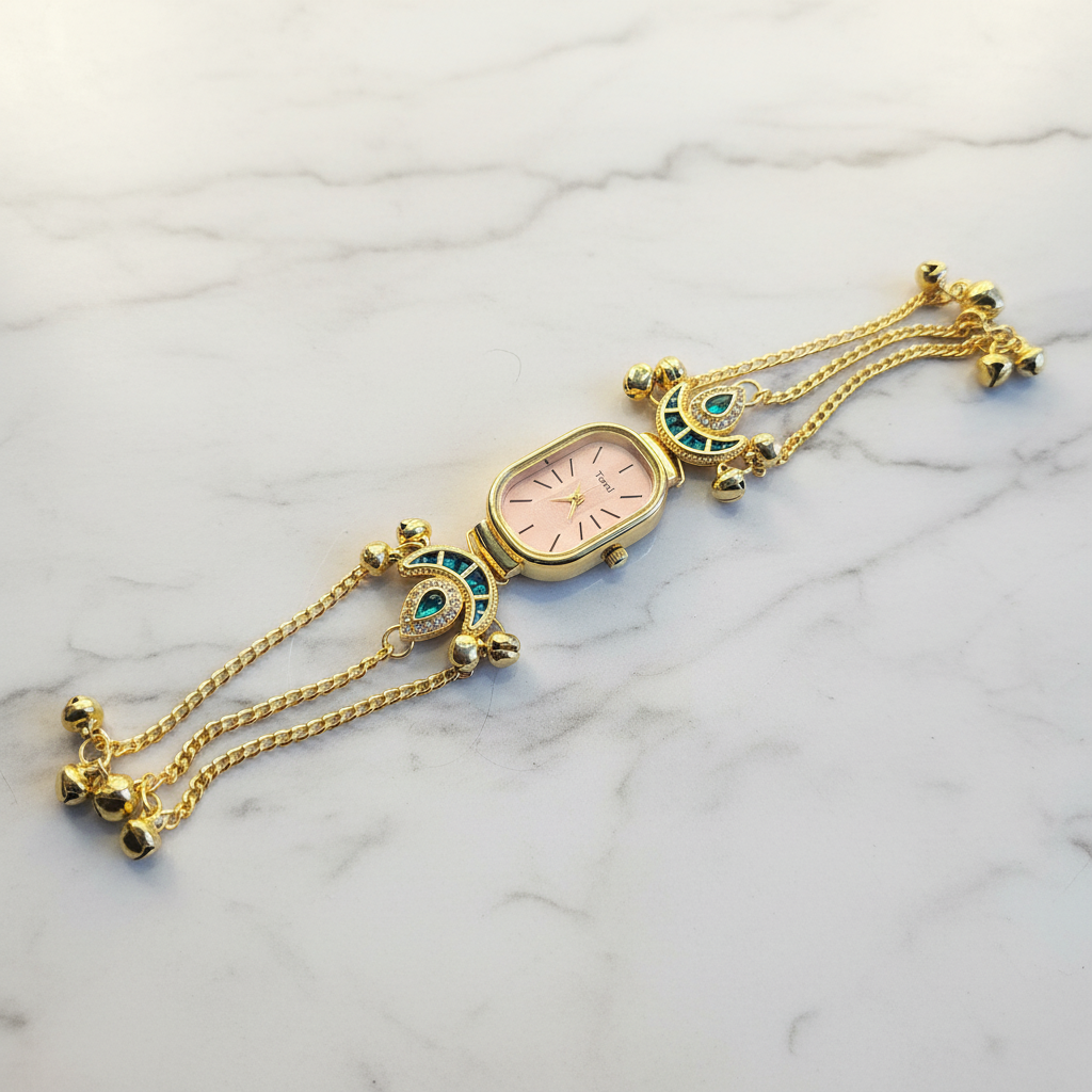 Royal Peacock Charm Bracelet Watch – studio product shot