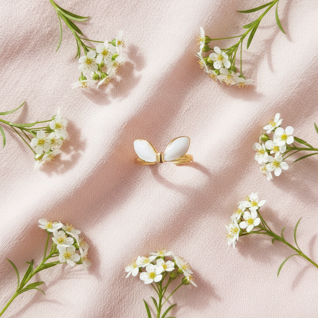 Gold white enamel angel wings open cuff ring on blush pink linen with white wildflowers