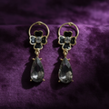Smoky Grey Zircon Teardrop Drop Earrings | Black Floral CZ Gold