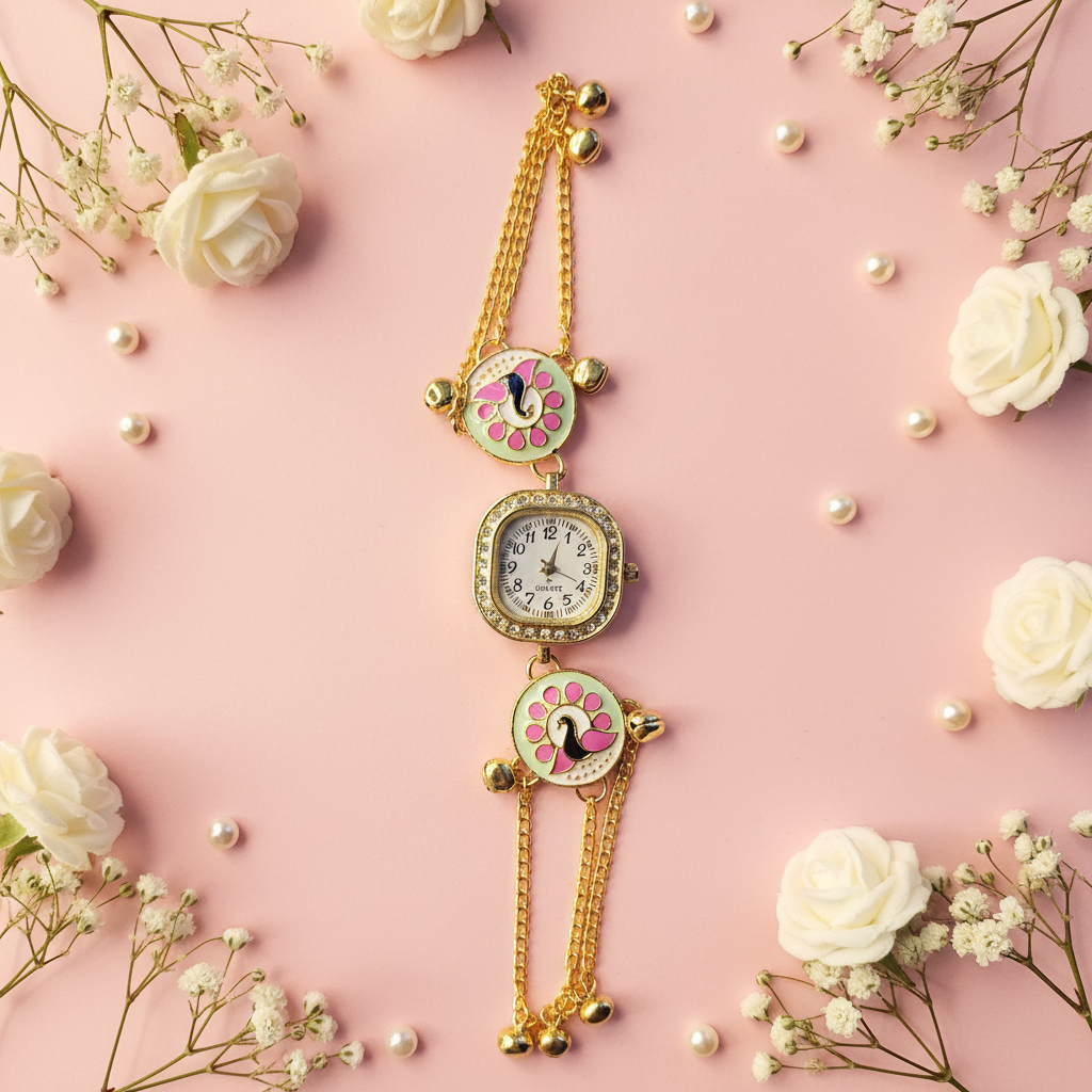 Pink Peacock Bracelet Watch - Pastel Pink Feminine Flat Lay