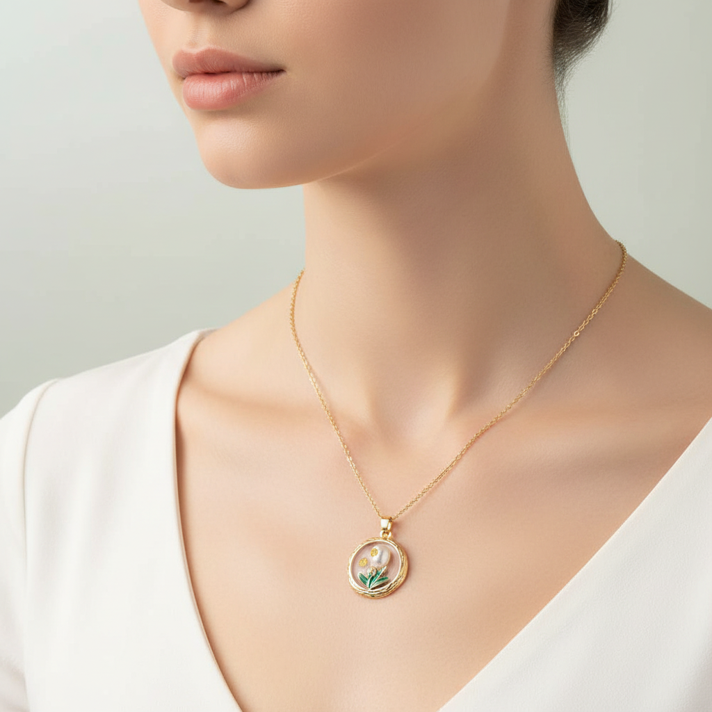 Gold Round White Tulip & Crystal Pendant Necklace - Teal Enamel Leaves & Yellow Crystals