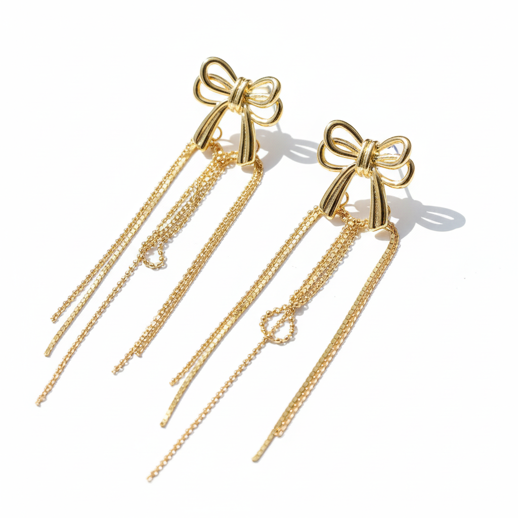 Gold Delicate Bow Chain Earrings