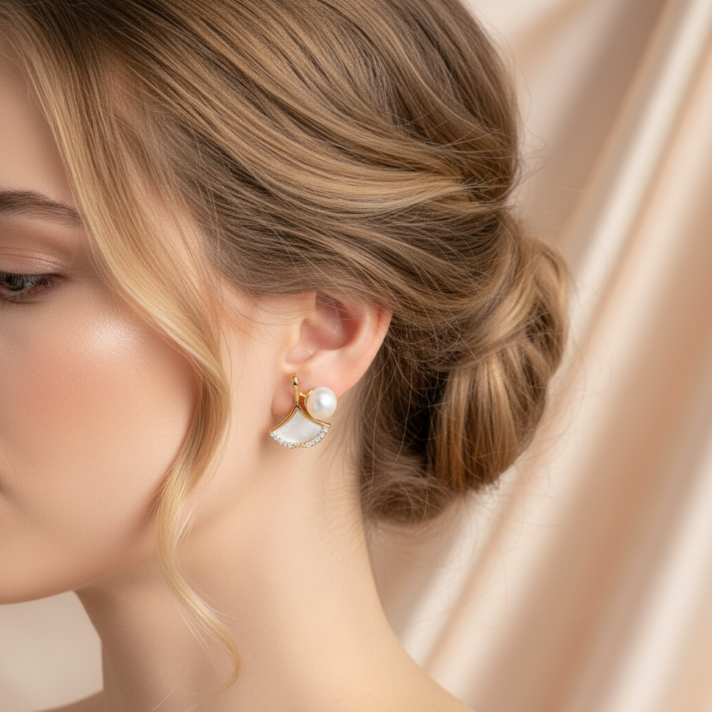 Pearl & Shell Fan Stud Earrings worn on model lifestyle shot