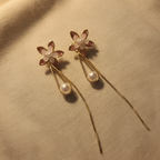 Gold Pink Flower Pearl Drop Earrings