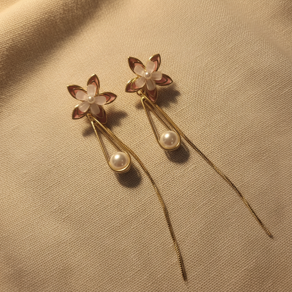Gold Pink Flower Pearl Drop Earrings