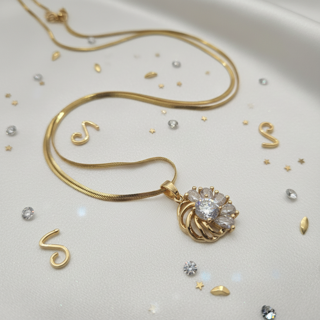 CZ Sunburst Cluster Pendant Necklace | Anti-Tarnish Gold Snake Chain