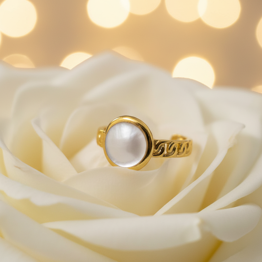 Gold Chain-Band Mother-of-Pearl Open Ring - rose petals