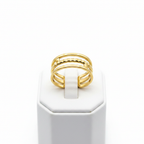 Gold triple layer open cuff ring on white jewelry stand, clean studio shot