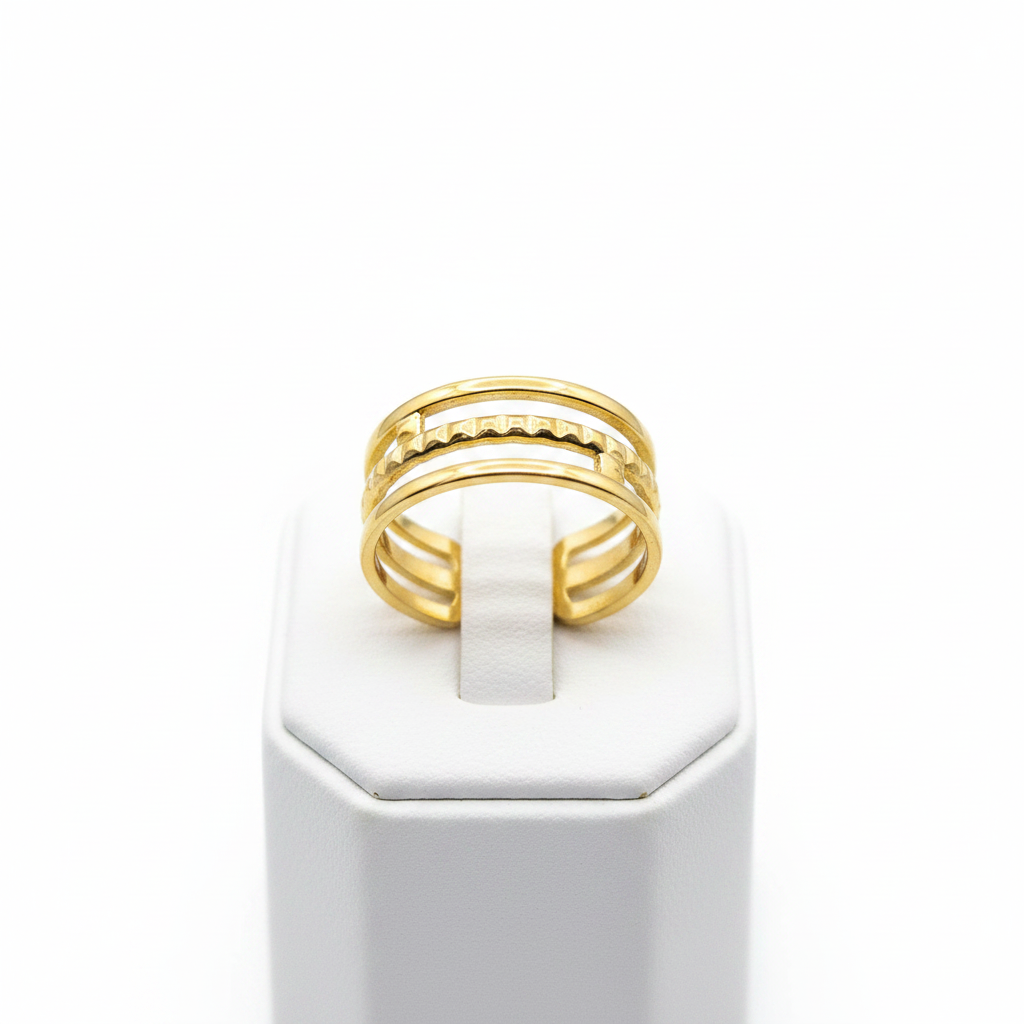 Gold triple layer open cuff ring on white jewelry stand, clean studio shot