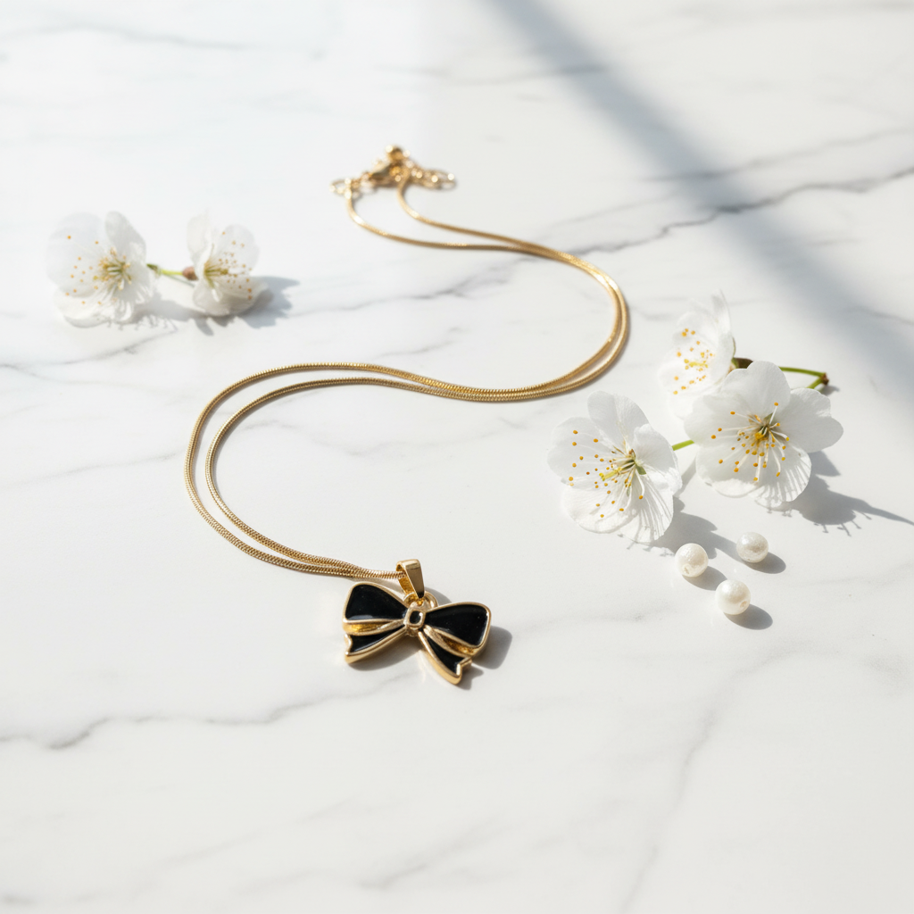 Black & Gold Bow Pendant Necklace - Stainless Steel Gold Snake Chain