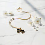 Black & Gold Bow Pendant Necklace - Stainless Steel Gold Snake Chain