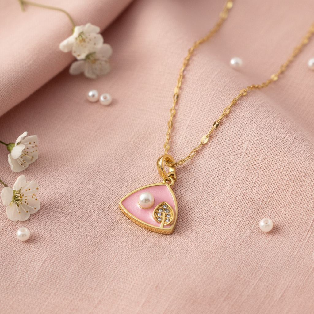 Pink Triangle Pearl & CZ Pendant Necklace | Anti-Tarnish Gold Chain