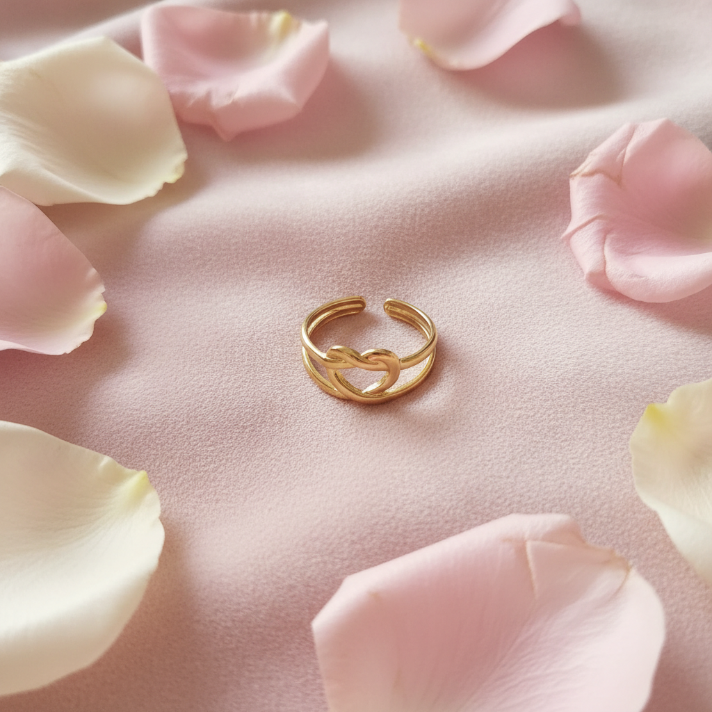 Gold heart cutout open cuff ring flat lay on blush pink fabric with rose petals