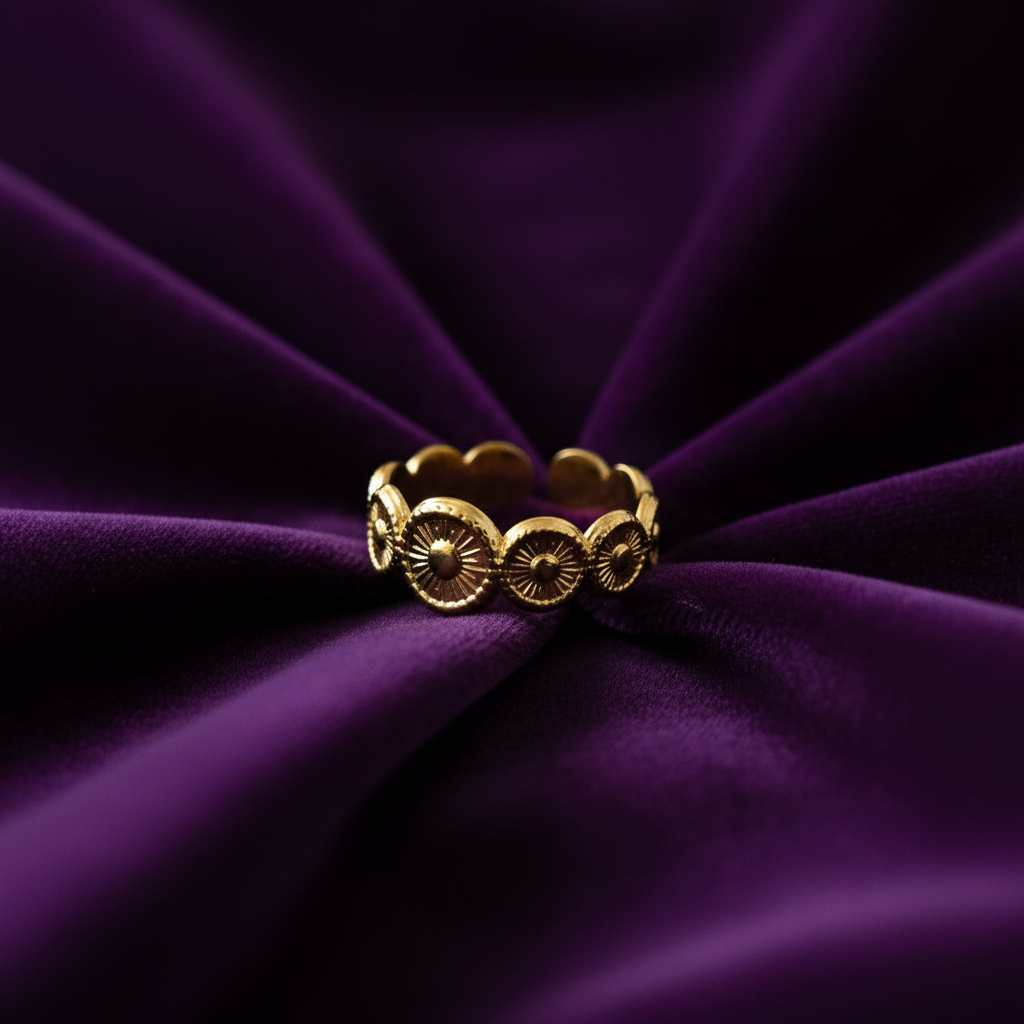 Gold coin ring on purple velvet fabric