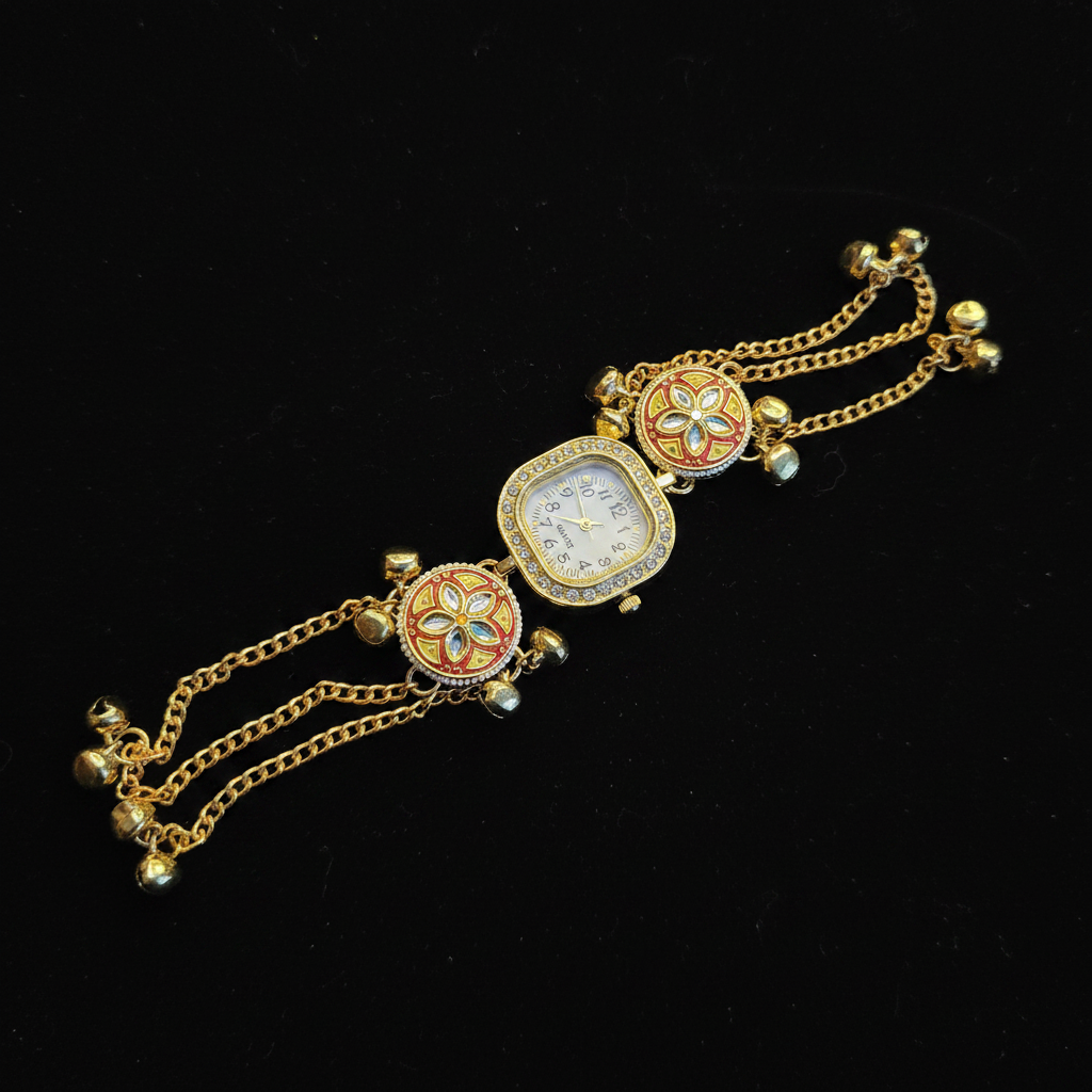 Kundan Meenakari Bracelet Watch - Dark Velvet Background