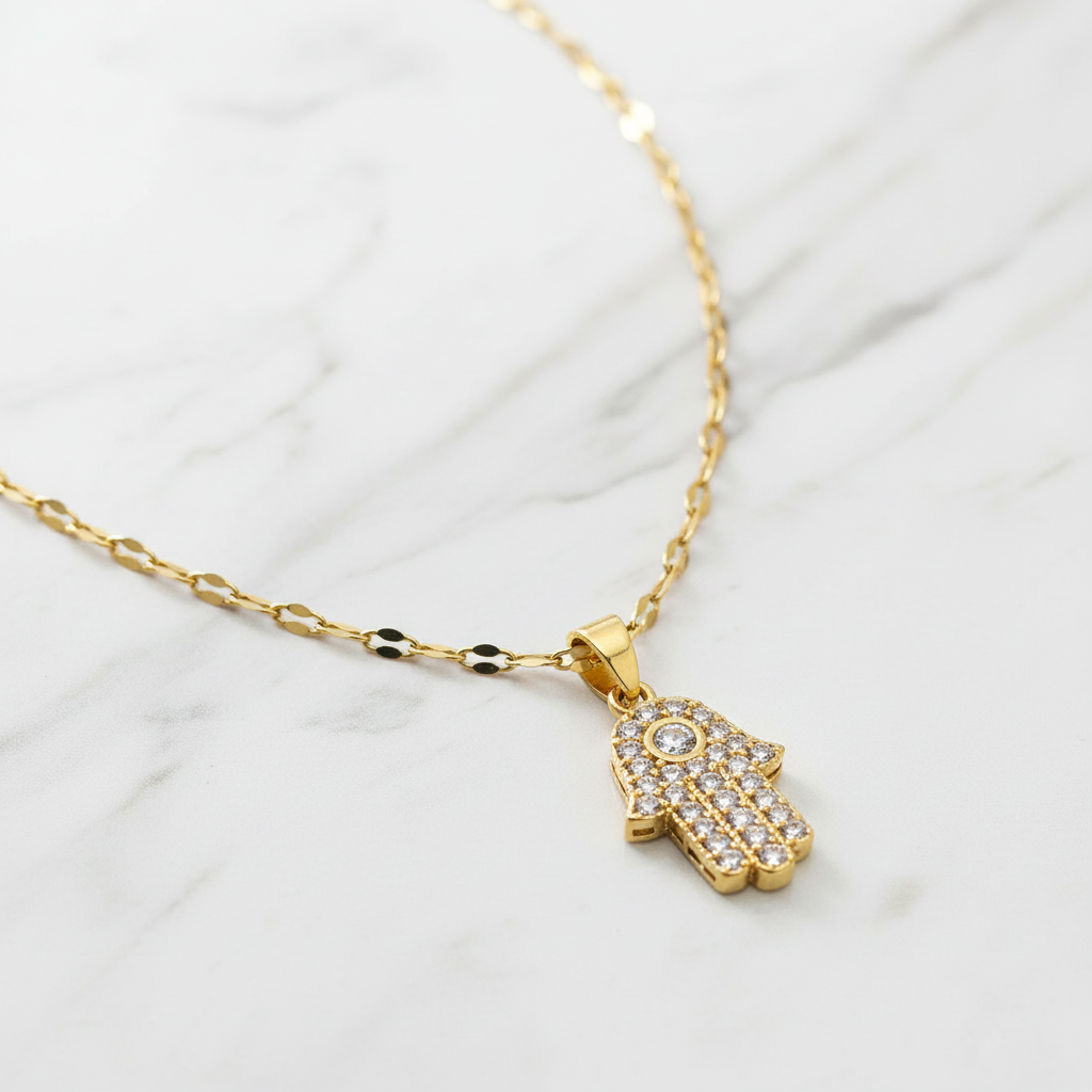 Hamsa Hand CZ Pendant Necklace | Anti-Tarnish Gold Oval Link Chain