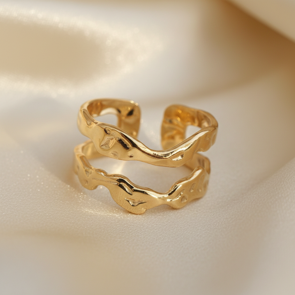 Gold Molten Lava Double Wave Open Cuff Ring - cream silk fabric close-up