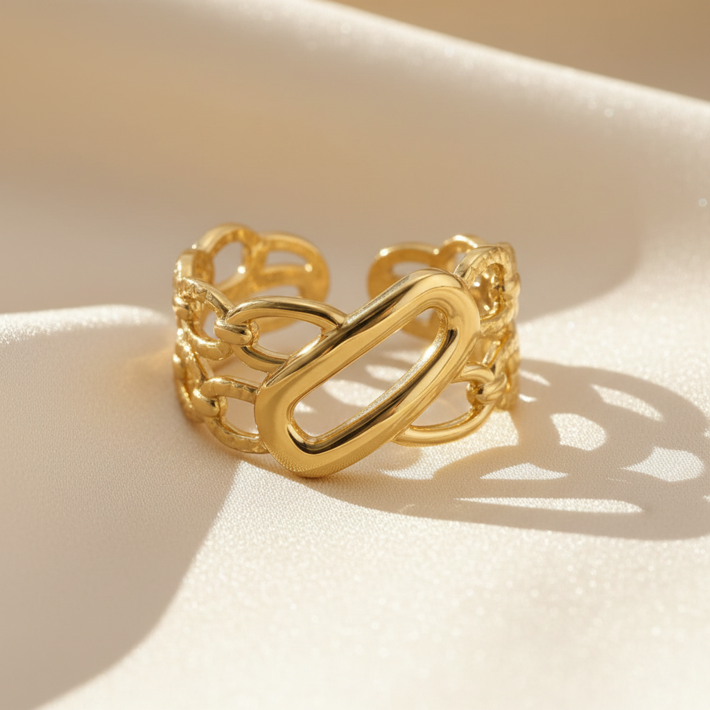 Gold Double Oval Link Chain Wide Band Open Ring - cream silk fabric close-up