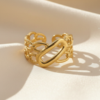 Gold Double Oval Link Chain Wide Band Open Ring - cream silk fabric close-up